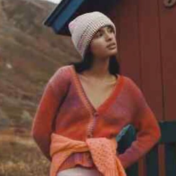 Anthropologie Sherbet Striped Beanie Hat Pink Sparkle Stocking Cap